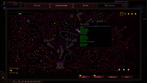 Hero Siege Ether skill tree showing a large set of connected build nodes